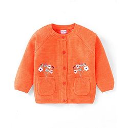 Babyhug Knitted Full Raglan Sleeves Front Open Sweater with Floral Embroidery - Orange