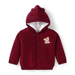 Babyhug Knitted Full Sleeves Front Open Hooded Sweater With Bear Embroidery - Dark Red