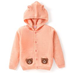 Babyhug Knitted Full Sleeves Front Open Hooded Sweater with Bear Embroidery - Light Peach