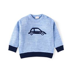 Babyhug Knitted Full Sleeves Pullover Sweater With Car Design - Light Blue