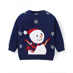 Babyhug Knitted Full Sleeves Pullover Sweater with Snowman Design - Navy Blue