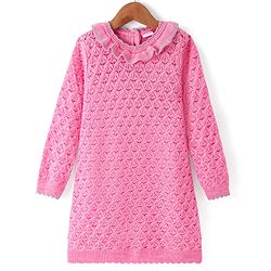Babyhug Knitted Full Sleeves Solid Color Woollen Dress with Frill Detailing - Pink