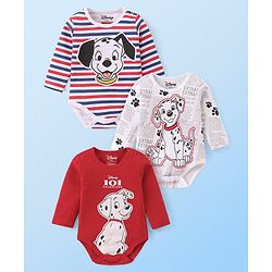 Babyhug Disney Interlock Knit Full Sleeves Onesies with Striped & 101 Dalmatians Print Pack of 3 - Red & White