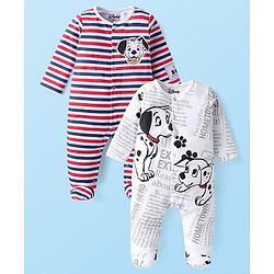 Babyhug Disney Interlock Knit Full Sleeves Footed Sleep Suits Striped & 101 Dalmatians Print Pack of 2 - White & Red