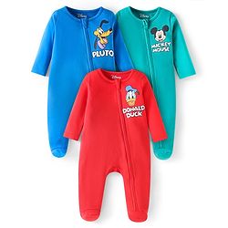 Babyhug Disney Interlock Knit Full Sleeves Footed Sleep Suits with Mickey Mouse Print Pack of 3 - Red Blue & Green