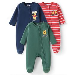 Babyhug Disney Interlock Knit Full Sleeves Sleepsuits With Winnie the Pooh Graphics Pack of 3 - Blue Green & Red