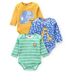 Babyhug 100% Cotton Full Sleeves Onesies Animal Print Pack of 3 - Multicolour