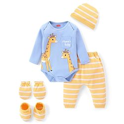 Babyhug 100% Cotton Knit Full Sleeves Onesies with Leggings and Cap Mittens Booties With Giraffe Print - Multicolor
