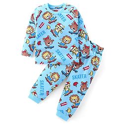 Babyhug Cotton Knit Full Sleeves Night Suit Animal & Text Print - Blue