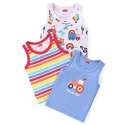 Babyhug 100% Cotton Single Jersey Knit Sleeveless Sandos with Stripes & Vehicle Print Pack of 3 - White & Blue