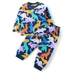 Babyhug Cotton Knit Full Sleeves Night Suit With Dinosaurs Print - Navy
