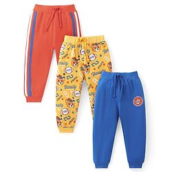 Babyhug Cotton Single Jersey Knit Full Length Bear & Text Printed Lounge Pant Pack of 3 - Red Blue & Yellow