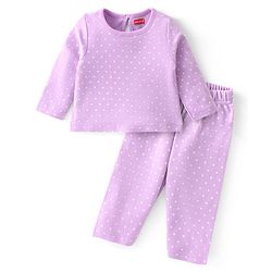 Babyhug Cotton Knit Full Sleeves Night Suit With Polka Dots Print - Lavender