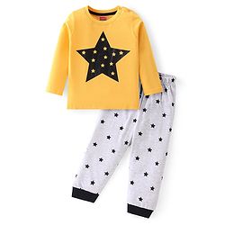 Babyhug Cotton Knit Full Sleeves Night Suit With Stars Print - Yellow & Grey
