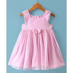 Babyhug Woven Sleeveless Glitter Dress with Bow Applique - Pink