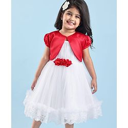 Babyhug Woven Solid Party Dress with Puffed Sleeves Jacket Corsage Applique - Red & White