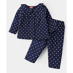 Babyhug Cotton Knit Full Sleeves Front Open Night Suit With Peter Pan Collar & Polka Dots Print - Navy Blue