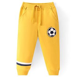 Babyhug Cotton Knit Full Length Lounge Pant With Football Print - Yellow