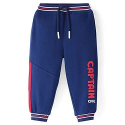 Babyhug Terry Knit Full Length Text Printed Track Pant with Tape Detailing - Navy Blue