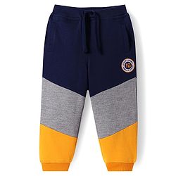 Babyhug Terry Knit Full Length Cut & Sew Pattern Lounge Pants - Navy Blue & Yellow