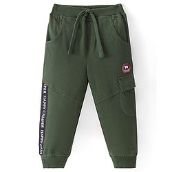 Babyhug Cotton Knit Full Length Lounge Pants With Badge Detailing - Olive Green