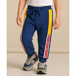 Babyhug Terry Knit Full Length Lounge Pants with Text Print Cut & Sew Design - Blue