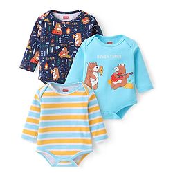 Babyhug 100% Cotton Knit Full Sleeves Onesies Bear Print Pack of 3- Multicolour