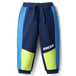 Babyhug French Terry Knit Full Length Track Pants with Racer Print Cut & Sew Design - Navy Blue
