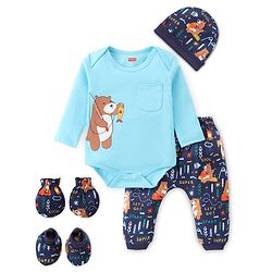 Babyhug 100% Cotton Knit Full Sleeves Onesies with Leggings & Cap Mitten Booties Bear Print - Blue