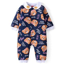 Babyhug 100% Cotton Knit Full Sleeves Collar Neck Romper with Bear Print - Navy Blue