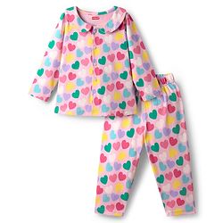 Babyhug Cotton Knit Full Sleeves Front Open Peter Pan Collar Neck Night Suit with Hearts Print - Pink