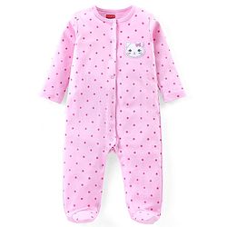 Babyhug Cotton Knit Full Sleeves Footed Sleep Suit with Polka Dots & Cat Print - Pink