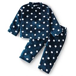 Babyhug Velour Knit Full Sleeves Winter Wear Night Suit With Polka Dots Print - Navy Blue