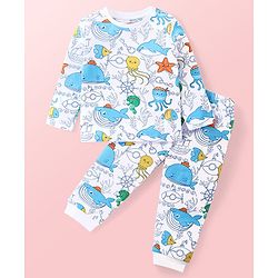 Babyhug Cotton Knit Full Sleeves Night Suit with Aquatic Animal Print - White