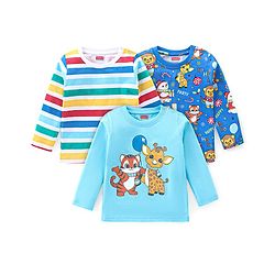 Babyhug Cotton Knit Full Sleeves T-Shirts with Striped & Animal Print Pack of 3 - Blue & White