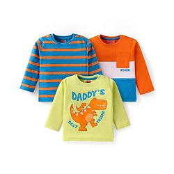 Babyhug Cotton Knit Full Sleeves T-Shirt with Stripes & Dino Print Pack of 3 - Multicolor