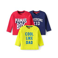 Babyhug Cotton Knit Full Sleeves T-Shirts with Text Print Pack of 3 - Red Blue & Yellow