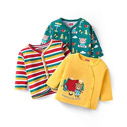 Babyhug 100% Cotton Knit Full Sleeves Front Open Anti Bacterial Vests with Stripes & Teddy Bear Print Pack of 3 - Yellow & Green