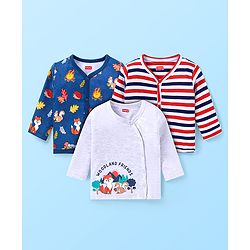 Babyhug 100% Cotton Knit Antibacterial Full Sleeves Front Open Vests with Striped Hedgehog & Fox Printed Pack of 3 - Navy Blue Grey & Red