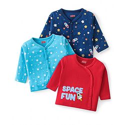 Babyhug 100% Cotton Antibacterial Front Open Vest With Space Theme Print Pack of 3 - Blue & Red