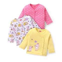 Babyhug 100% Cotton Antibacterial Front Open Vest Animal & Polka Dots Print Pack of 3 - Pink Yellow & White