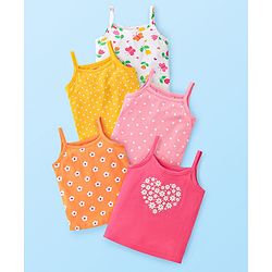 Babyhug 100% Cotton Knit Singlet Sleeves Antibacterial Slips With Polka Dots & Floral Print Pack of 5 - Multicolour