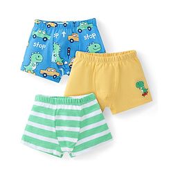 Babyhug 100% Cotton Antibacterial Striped & Dino Printed Trunks Pack of 3 - Yellow Blue & Green