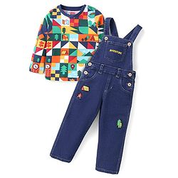 Babyhug Single Jersey Knit Full Sleeves Geometric Printed T-Shirt & Text Embroidered Dungaree - Navy Blue