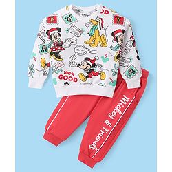 Babyhug Disney Cotton Knit Full Sleeves T-Shirt & Lounge Pants Set With Mickey Mouse Graphics - Red & White