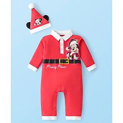 Babyhug Disney Interlock Knit Full Sleeves Collared Romper with Cap & Mickey Mouse Graphics - Red