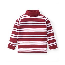 Babyhug Cotton Knit Full Sleeves Turtle Neck T-Shirt with Striped Print - Red & White