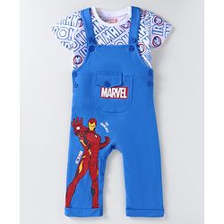Babyhug Marvel Single Jersey Knit Half Sleeves T-Shirt & Dungaree with Text & Avenger Graphics - Blue
