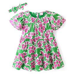 Babyhug Cambric Woven Half Sleeves Frock with Headband & Floral Print - Multicolor