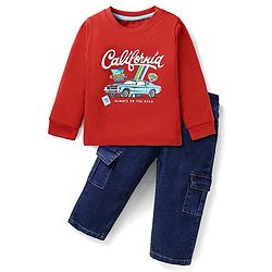 Babyhug Terry Knit Full Sleeves Car Printed T-Shirt & Solid Denim Jeans Set - Red & Blue